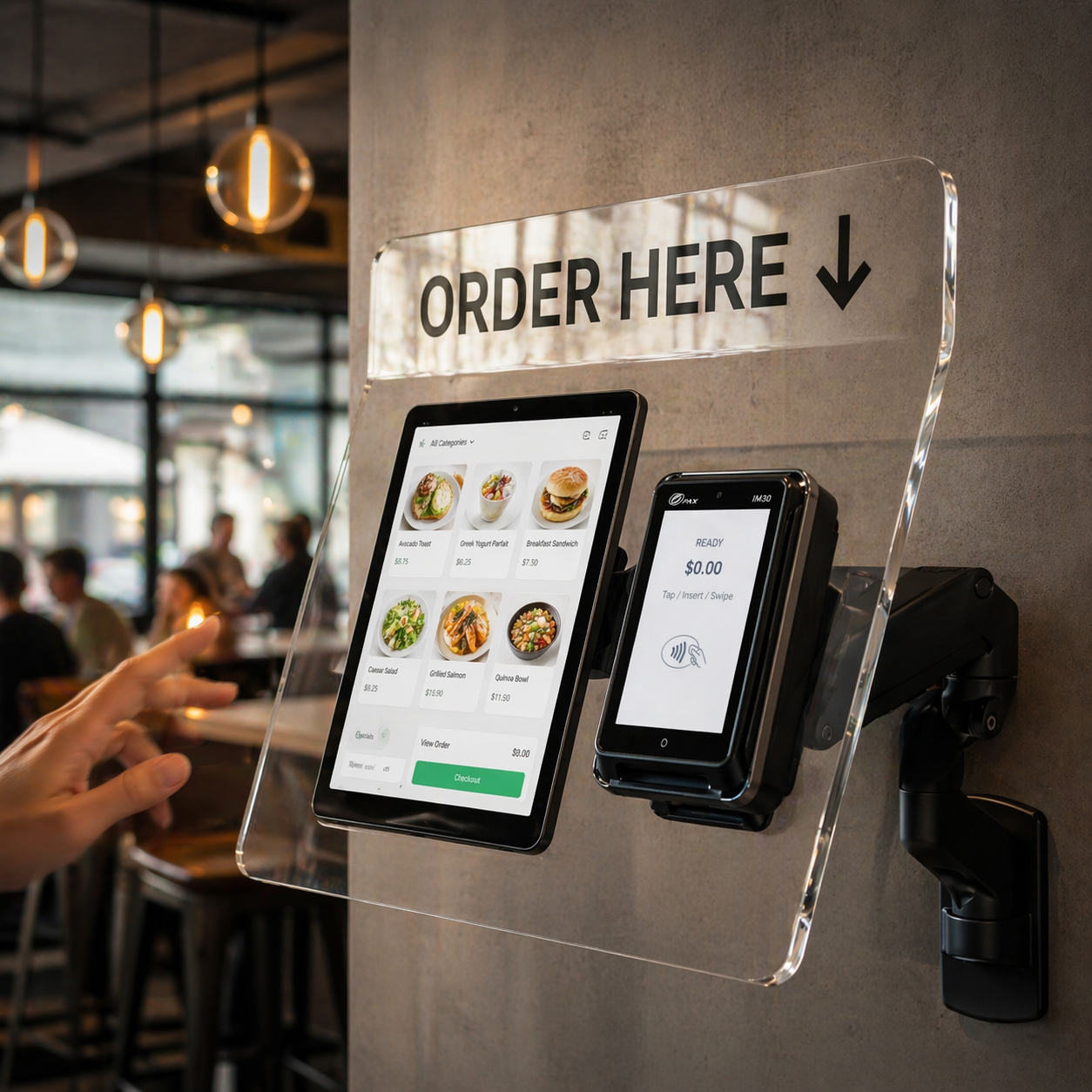 Front Flow self-service kiosk with tablet and payment terminal